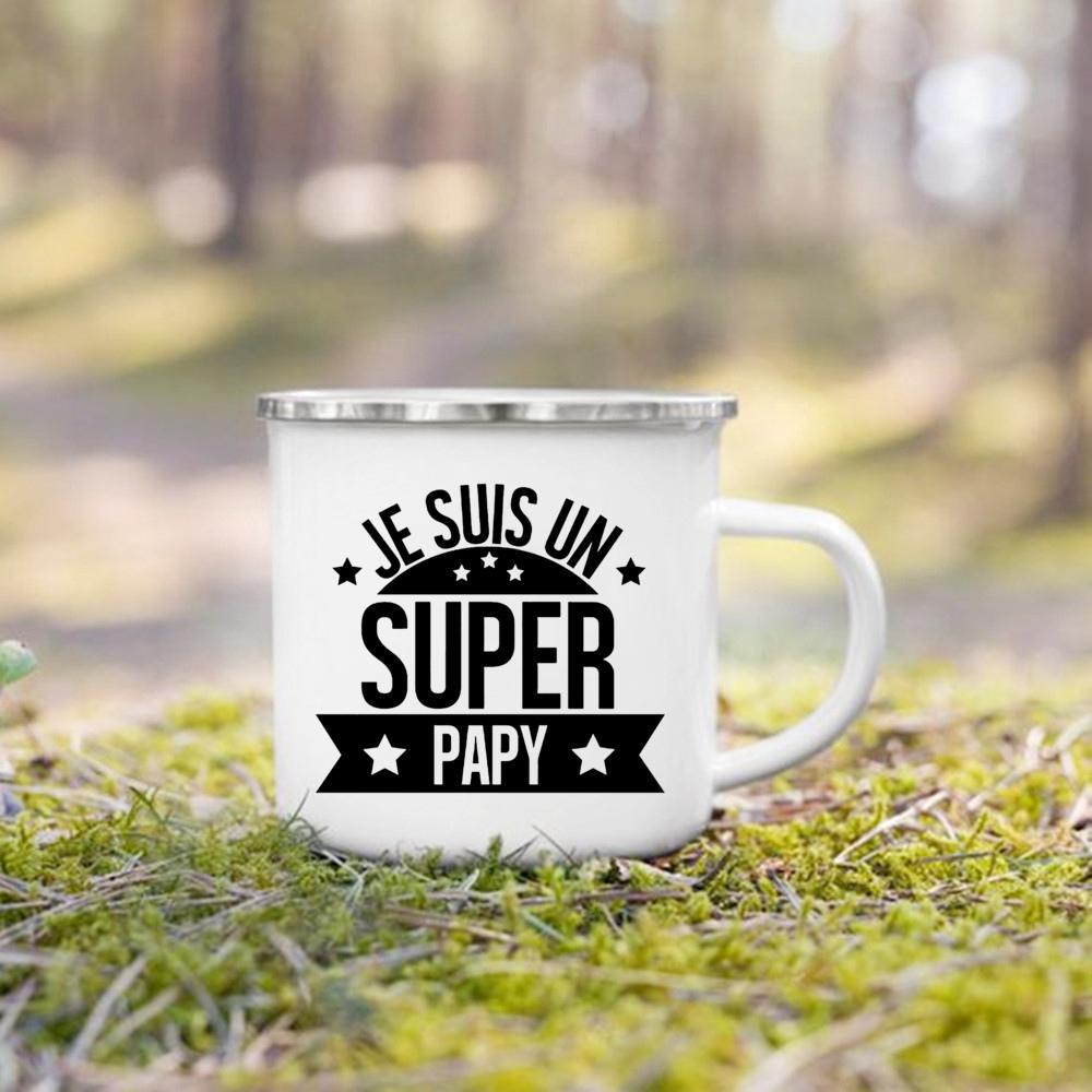 Super Papy Mamie Print Enamel Mug Creative Coffee Cups Drinks Water Milk Cup Enamel Mug Home Drinkware Gifts for Grandma Grandpa