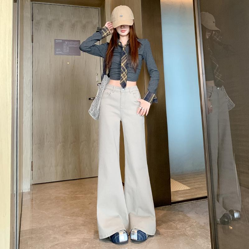 Rice apricot slightly pulled jeans women's early spring new high-waisted straight tube loose and thin, no legs, horn pants