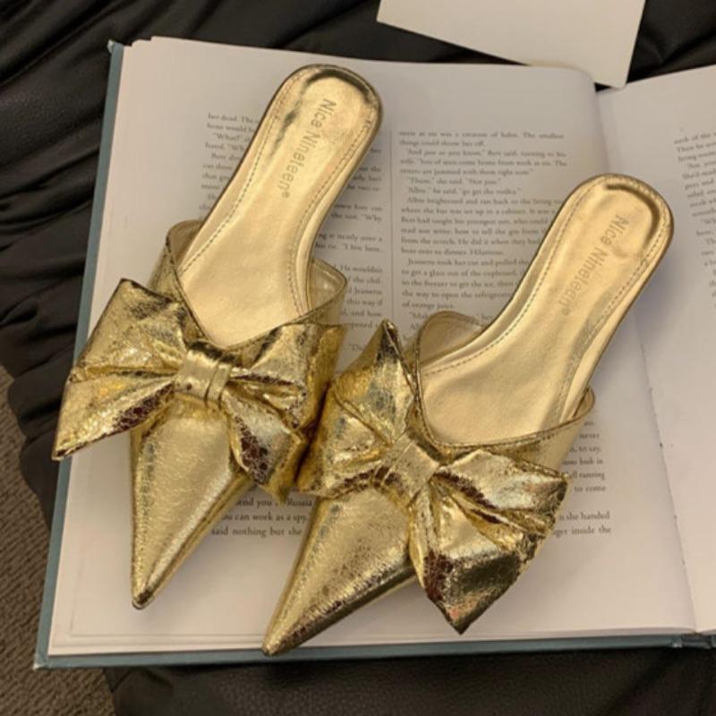 Fashion Spring New Flat Sandals for Women Fashion Pointed Head Shallow Mouth Butterfly Knot Soft Sole Anti-slip Wear-resistant Slippers