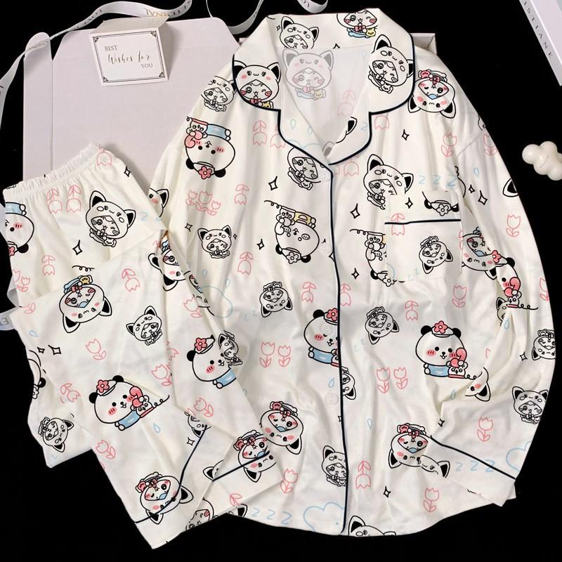 Womens Cute Cartoon Pajamas Set Long Sleeve Loose Loungewear Students Home Wear