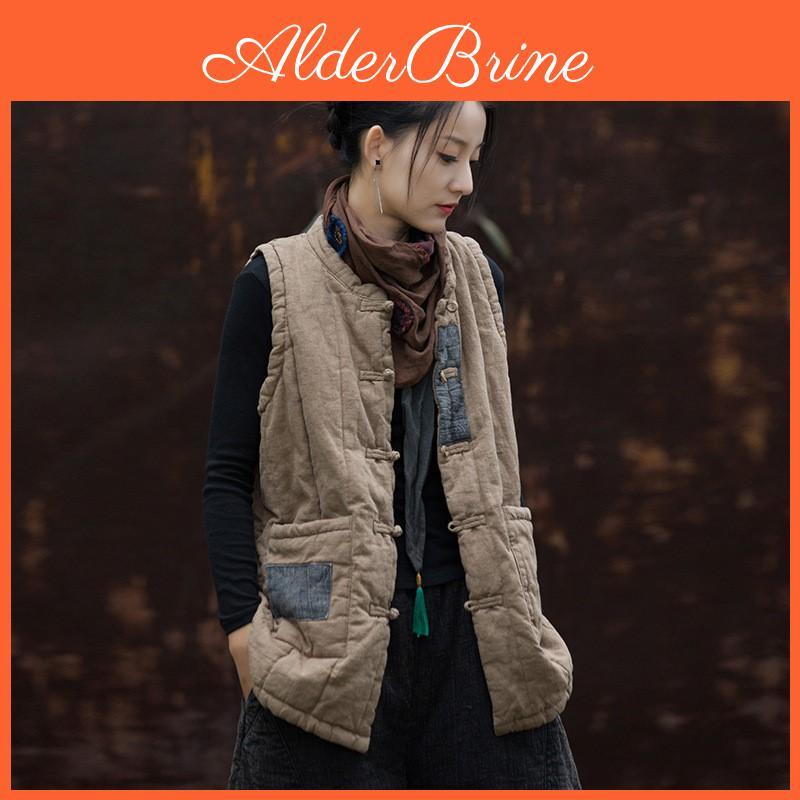 Coats Johnature Stand Women Vintage Sleeveless Button Cloths Autumn Warm Coats