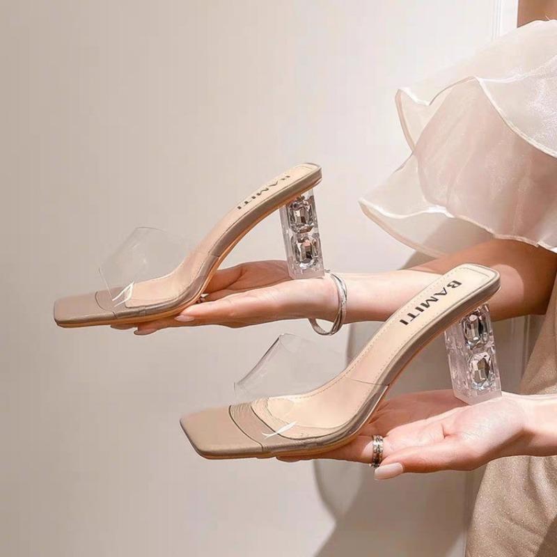 Crystal Clear Transparent Slippers Female Shoes Middle Heels Comfortable New Summer Women Shoes Woman Cool Mules Slides