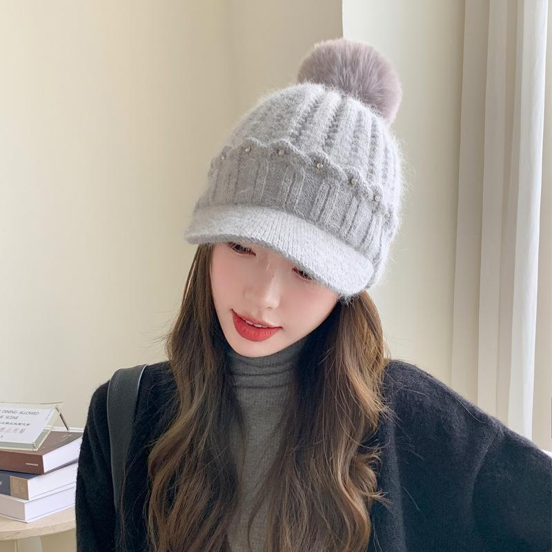 Knitted Baseball Cap Female Rabbit Hair Blended Cap Fleece Warm Wool Cap Autumn And Winter Cold Ear Protector Tide