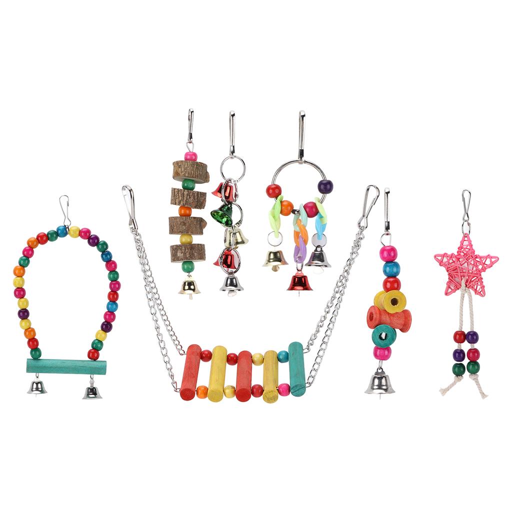 7 Stück Vogelspielzeug Set Vogekäfig Schaukel Kauspielzeug Glockenring Spielzeug Set Papagei Hängespielzeug Set
