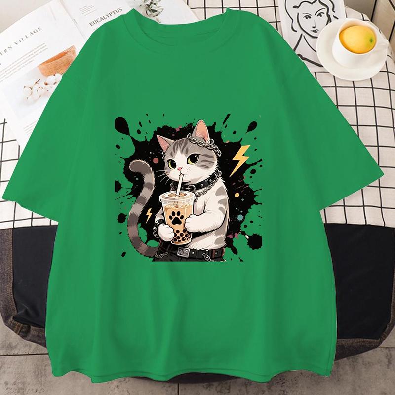 T-shirt Mens Women Summer Drag Cool Kitten Print T-shirt American Student Short-sleeved Top Loose T-shirts