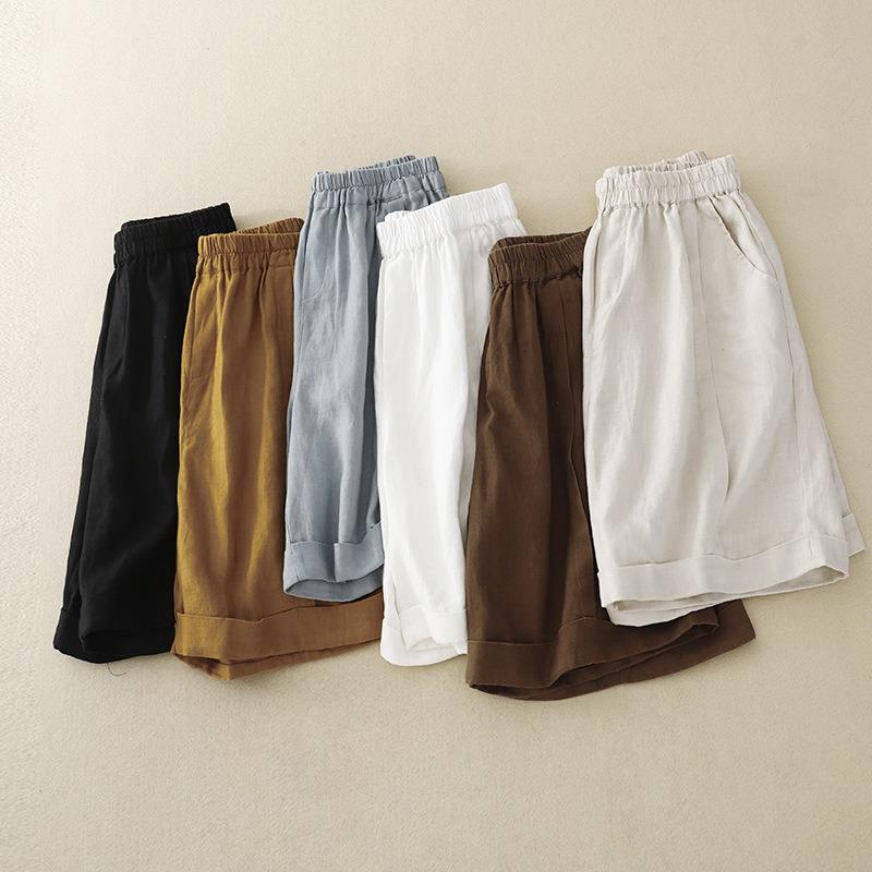 Real Shot Summer New Cotton and Linen Literary Large Size Thin Elastic Waist Loose A-shaped Wide-leg Shorts Women