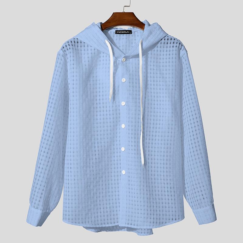 

INCERUN Men Long Sleeve Buttons Plaid Transparent Hooded Shirts Outside Wear 5XL синий
