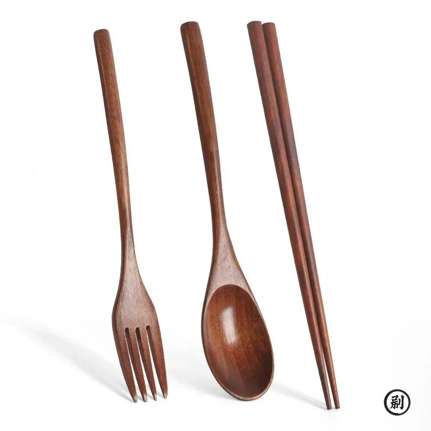 Japanese-style Wrapped Thread Wooden Spoon Fork and Chopsticks Set Solid Wood Outdoor Picnic Portable with Cloth Pouch Cutlery