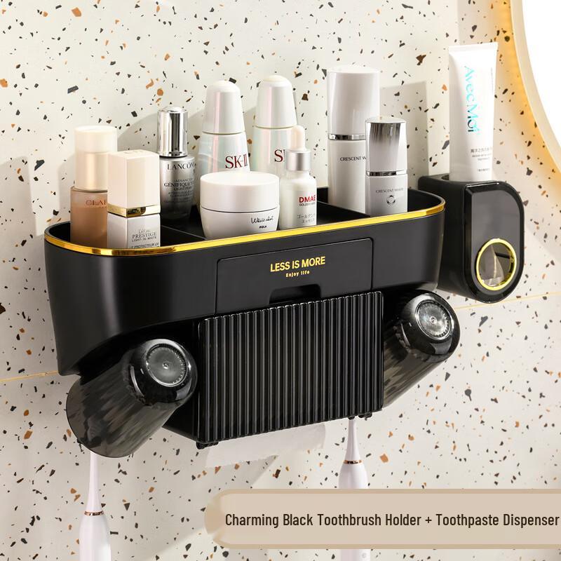Punch-Free Wall-Mounted Toothbrush and Mouthwash Cup Holder Toothbrush holder with toothpaste dispenser