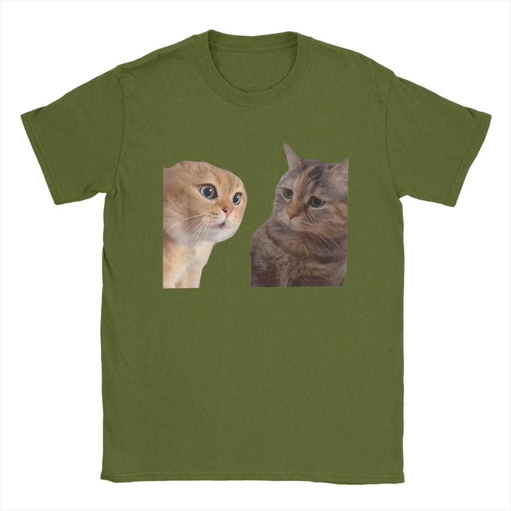Two Cats Talking Meme T-Shirts for Men Sad Cat Mewing Vintage 100% Cotton Tee Shirt Crewneck Short Sleeve T Shirt Summer Tops