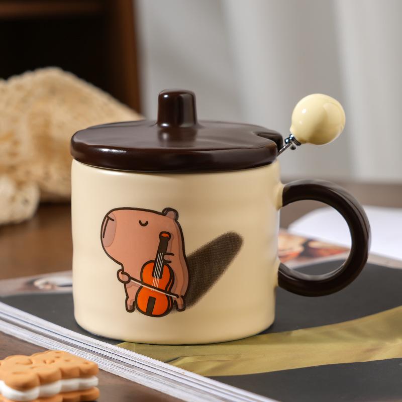 Cute Capybara Ceramic Coffee Mug Vintage Series Cartoon Print Water Cup + Lid Set Home Cafe Afternoon Teacups Friend Gift