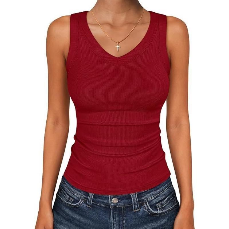 Women s V Neck Ribbed Knit Tank Top Basic Sleeveless Slim Fit Casual Camisole S бордовый
