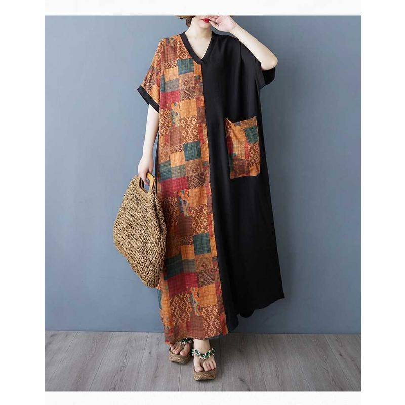 Women's Color Patchwork Black Long Dress Retro Robe