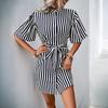 New casual shirt skirt, lotus leaf sleeve stand-up collar striped dress