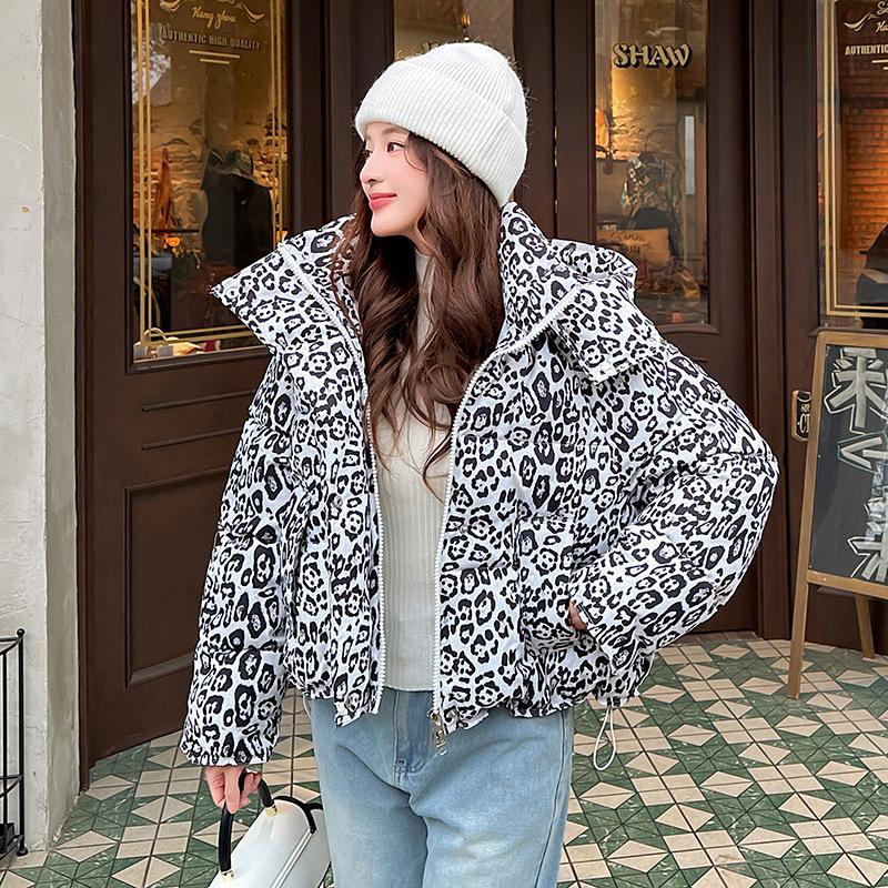 Winter new leopard print padded coat down padded jacket hooded versatile fashion women loose thick coat