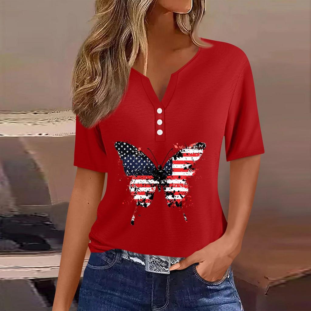 Women's T Shirt Tee Independence Day Print Button Short Sleeve Daily Weekend Fashion Basic V-Neck Regular Top