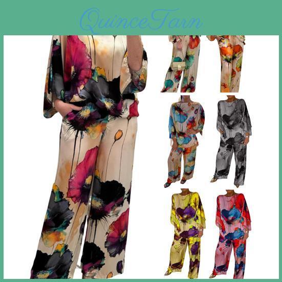 2 Women Top Pcsset Pants Set Bright Color Floral Print Three Quarter Bat Sleeves O Neck Tshirt Wide Leg Deep Crotch Elastic Waist Loose