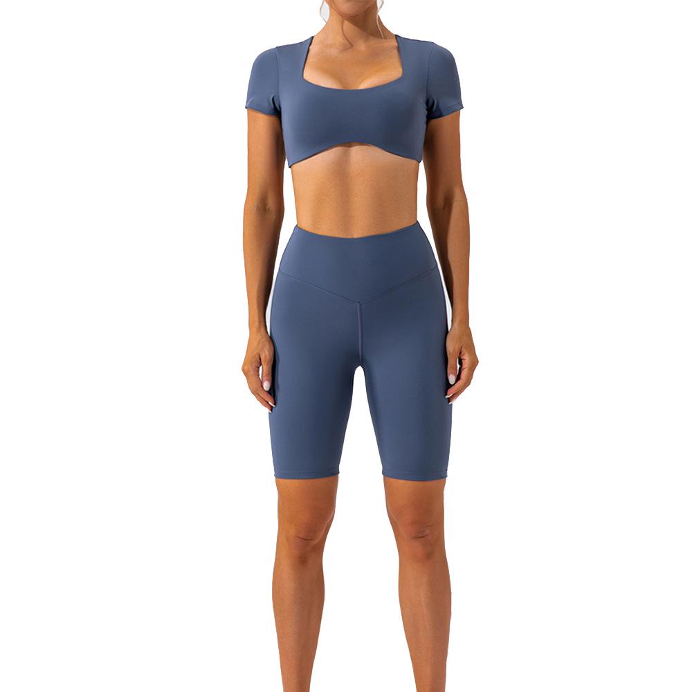 

Европейский и американский трансграничный комплект для йоги Lulu Nude: Шорты с высокой талией и топ-бра с прямыми плечами XL синий/серый