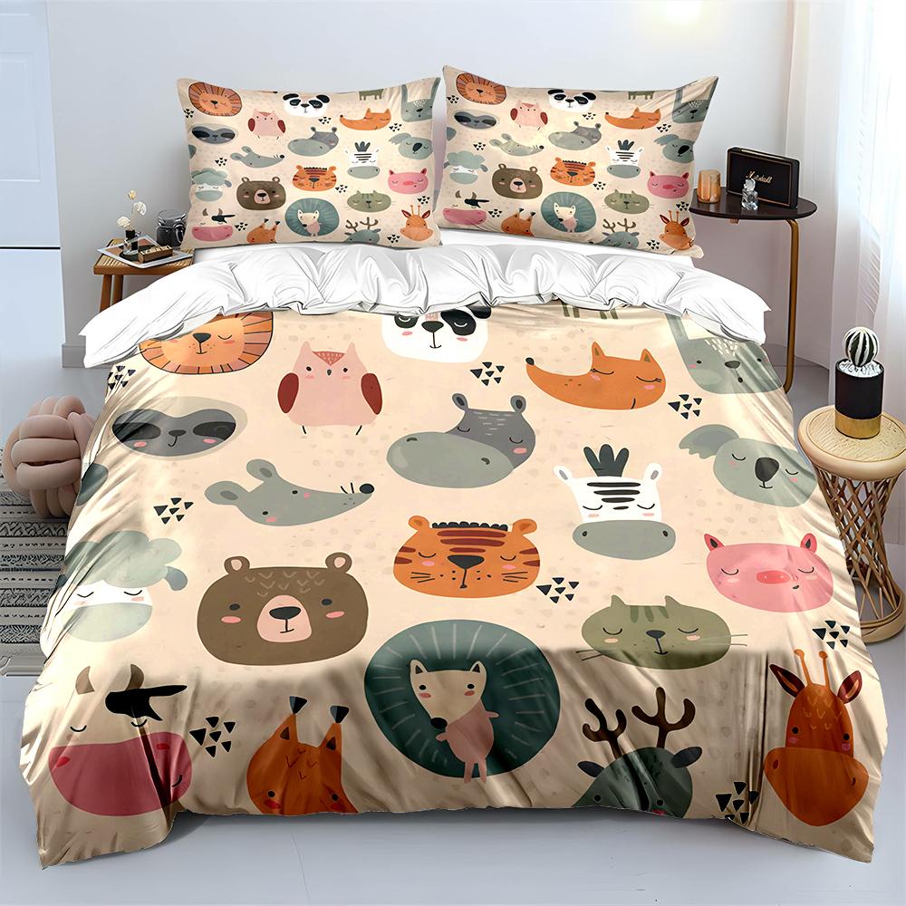 Süße Cartoon-Tiergesichter Illustration Bettwäsche-Set für Kinder Luxuriöses Geschenk 3-teiliges Digitaldruck-Bettdecken-Set Weich Bequem