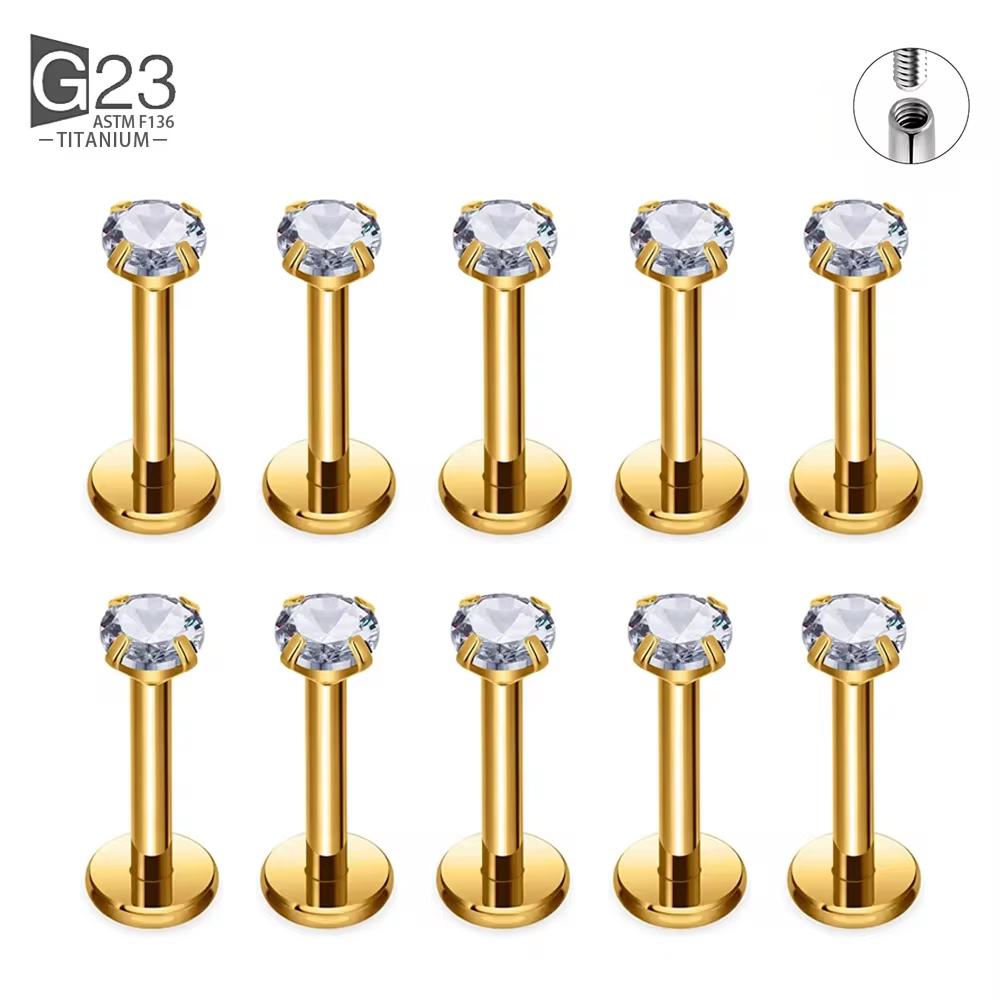 10Pc/50Pc G23 Ttianium Labret Ear Lip Stud Jewelry Square CZ Stone Cartilage Tragus Earring Tongue studs Threaded Body Jewelry