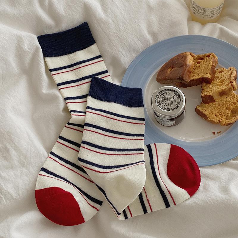 Female Spring and Autumn Color Striped Cute Cartoon Puppy College Wind Tube Pile Socks