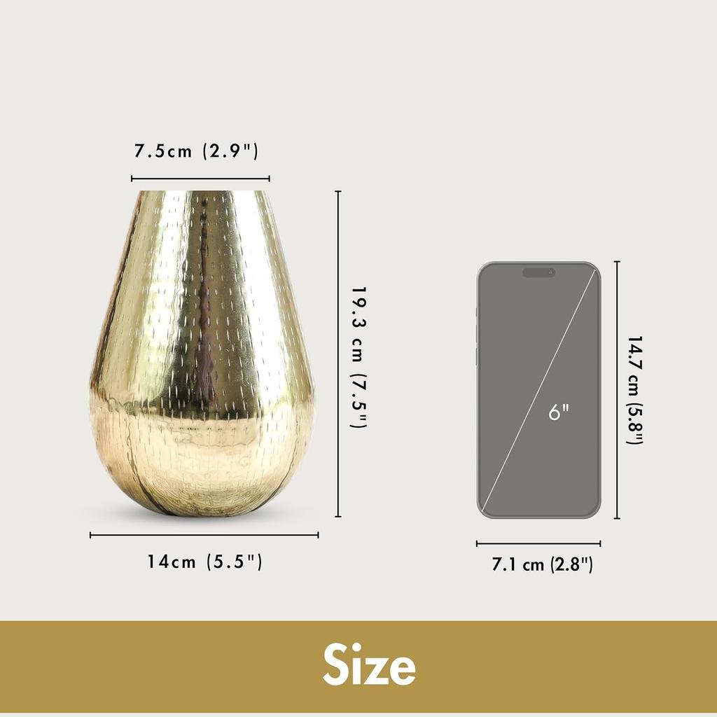Drop Shape Metal Hammered Flower Vase for Home Decor, Vase for Office Table Decorations, Modern Vase, Gift