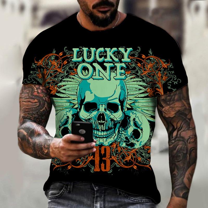 Men's 3D Printed T-Shirt Colorful Skull Pattern Print Short Sleeve O-Neck Pullover Casual Top