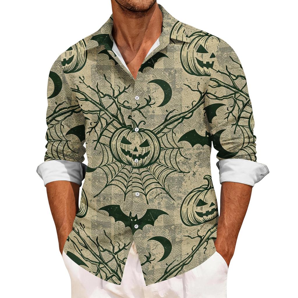 Men's Casual Long Sleeve Halloween Print Shirt Button Down Collar Relaxed Fit Lightweight Breathable Fabric Casual Sport Shirt