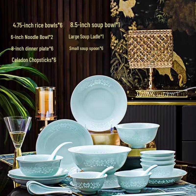 Jingdezhen Porseleinen Servies: Yingqing Linglong Onderglazuur Kom & Bord Set - Makkelijk Schoon te Maken, Hoog Wit, Klaar om als Cadeau te Geven.