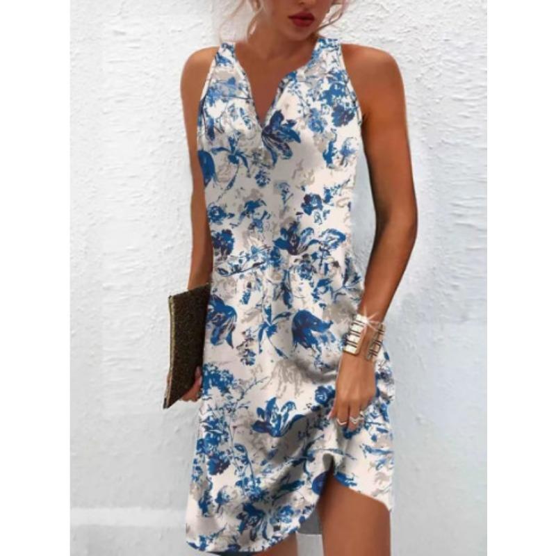 

Модное женское платье без рукавов с принтом на пуговицах, размер плюс, повседневное, А-образное, с V-образным вырезом, летнее платье, свободная, элегантная женская одежда 3531 5XL