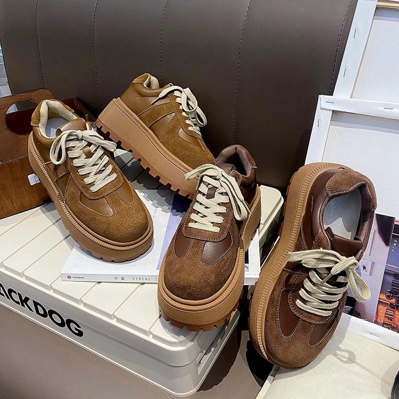 Thick Sole Round Toe Lace-Up Running Shoe Street Fashion Women Sports Casual Shoes Versatile Japanese Style Sponge Sole Loafers