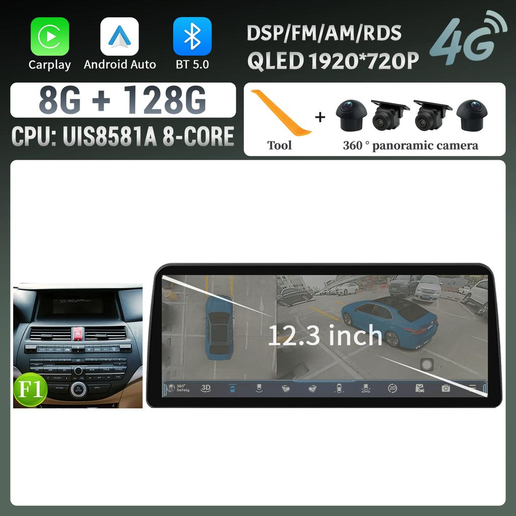 12.3inch Android For Honda Accord 2008-2012 Car Radio Multimedia Navigation 4G GPS Wireless BT CarPlay Touch Head Unit Screen