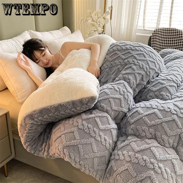 WTEMPO Foldable Lamb Fleece Quilts Warm Double-sided Plush Thick Winter Blankets Solid Home Bed & School Student Dormitory Double and Single Mattress