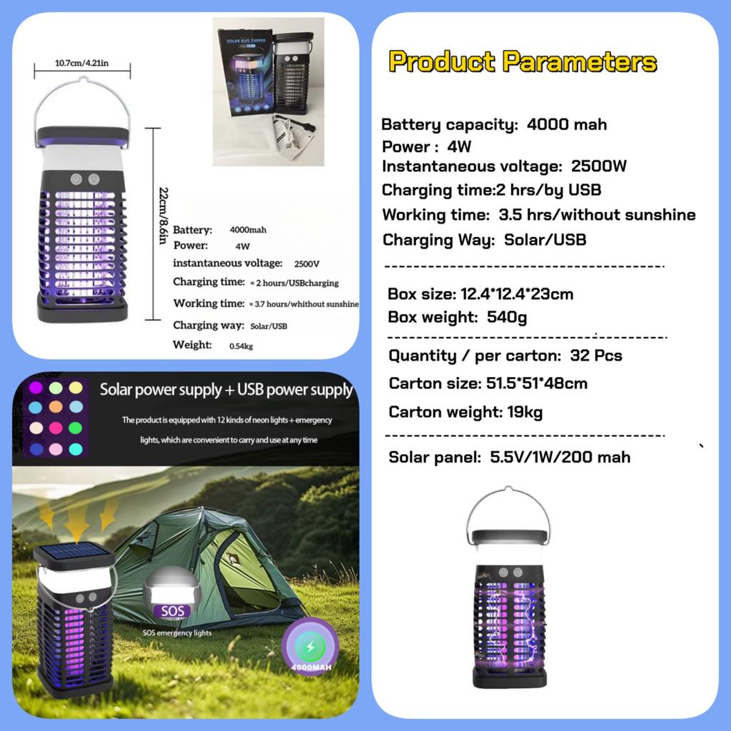 OTHC ZSJ-071 Solar Bug Zapper Mosquito Killer IP65 Rechargeable Eco-friendly Plastic LED Lamp UV Light for Garden RV Camping