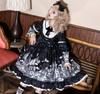 Gothic Lolita Long Sleeve Dress One Piece Skirt Knee Length Black Doll Castle Pattern [Lady Lazy] (L)