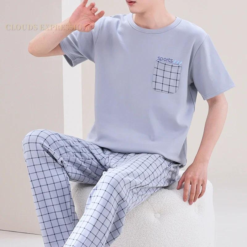 Summer Elegant Men Pyjamas Knited Plaid Pajamas Set Long Pants Sleepwear Pyjamas Night Suits