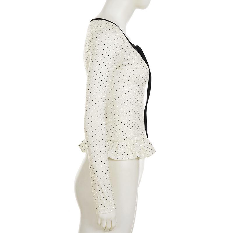 2025 Spring French Style Polka Dot Ruffle Trim Tie-Up Slim Fit Top for Women
