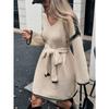 Women Lazy Style Lace Up Waist Loose V Neck Long Sleeve Midi Knit Dress