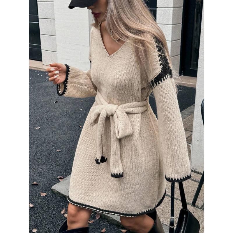 Women Lazy Style Lace Up Waist Loose V Neck Long Sleeve Midi Knit Dress