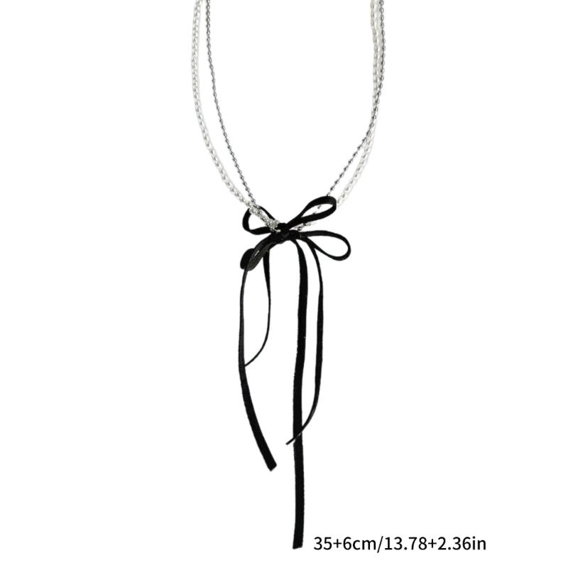 Stylish Double layer Bowknot Necklace Modern Butterfly Knot Necklace with Fringe Simple Pearls Beaded Neckchains Charm