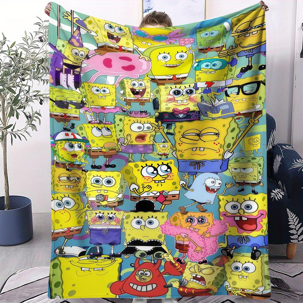 Multiple Cute SpongeBob Cartoon Print Pattern Flannel Blanket Soft Multifunctional Decortive Universal Throw Blanket Gift