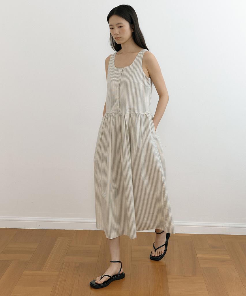 Lingseoul Striped Square Neck Sleeveless Dress-Cream