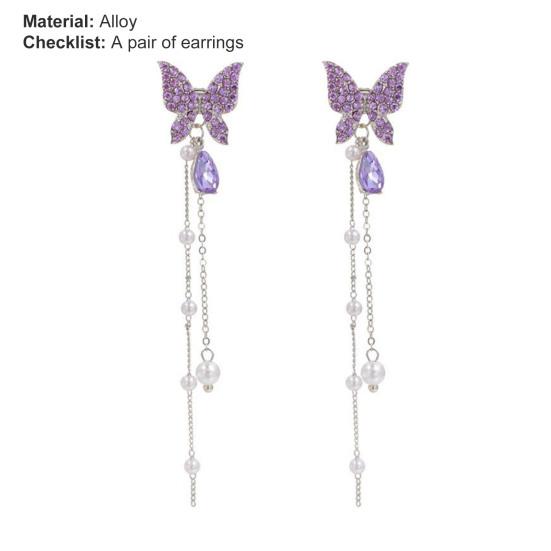 1 Pair Shining Rhinestones Chain Tassel Lady Earrings Vivid Butterflies Imitation Pearls