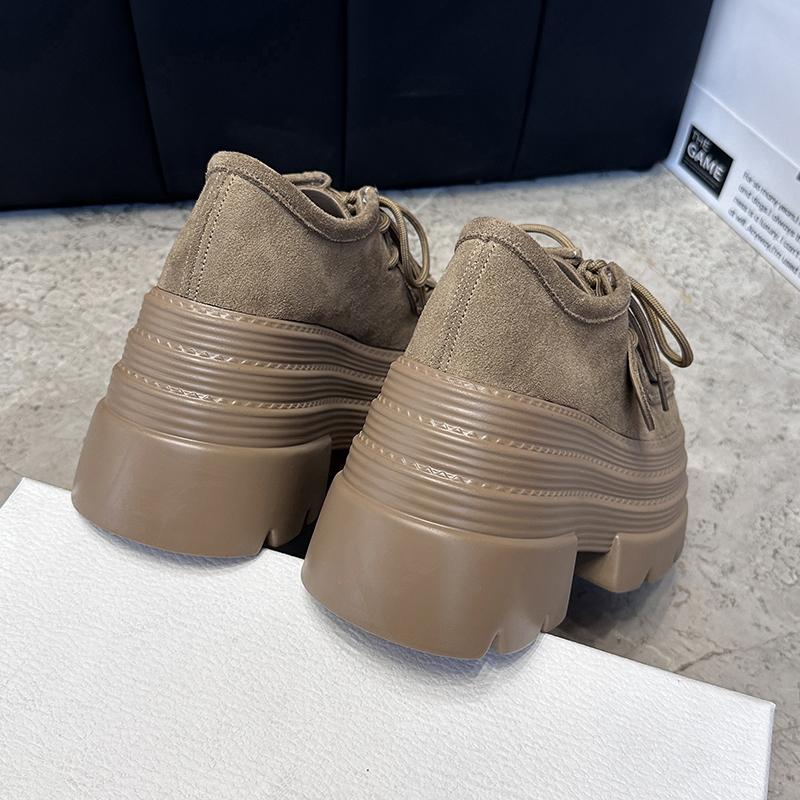 Fashion 10CM Women‘s Casual Loafers Suede Leather Pumps Tassel Design Monk Shoes Autumn Lace-Up High Heels Comfortable Chunky Sneakers