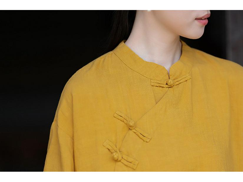 2026 Spring Women's Asymmetrical Cotton Linen Robe with Frog Buttons and Tie-Up Collar - Retro Chinese Zen Tea Wear