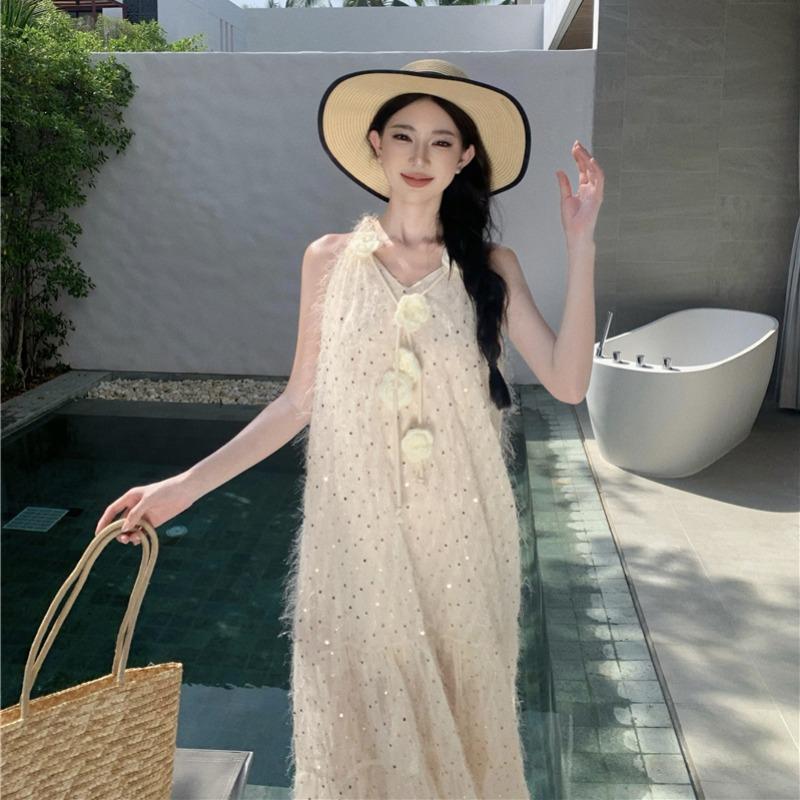 Summer New Women's Solid Color V-neck Sleeveless Rose Sequin Dress