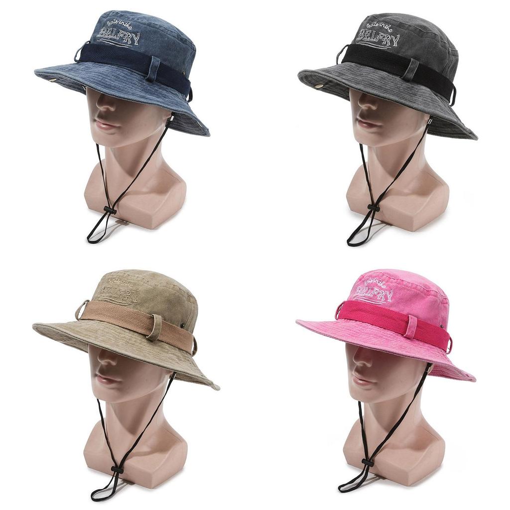 Outdoor Wide Brim Cotton Hat With Windproof Rope For Men And Women Summer Sun Protection
