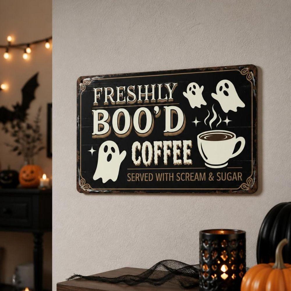 Vintage Style Coffee Bar Wall Art Sign 2D Flat Ghost Themed Hanging Plaque  Halloween Decor