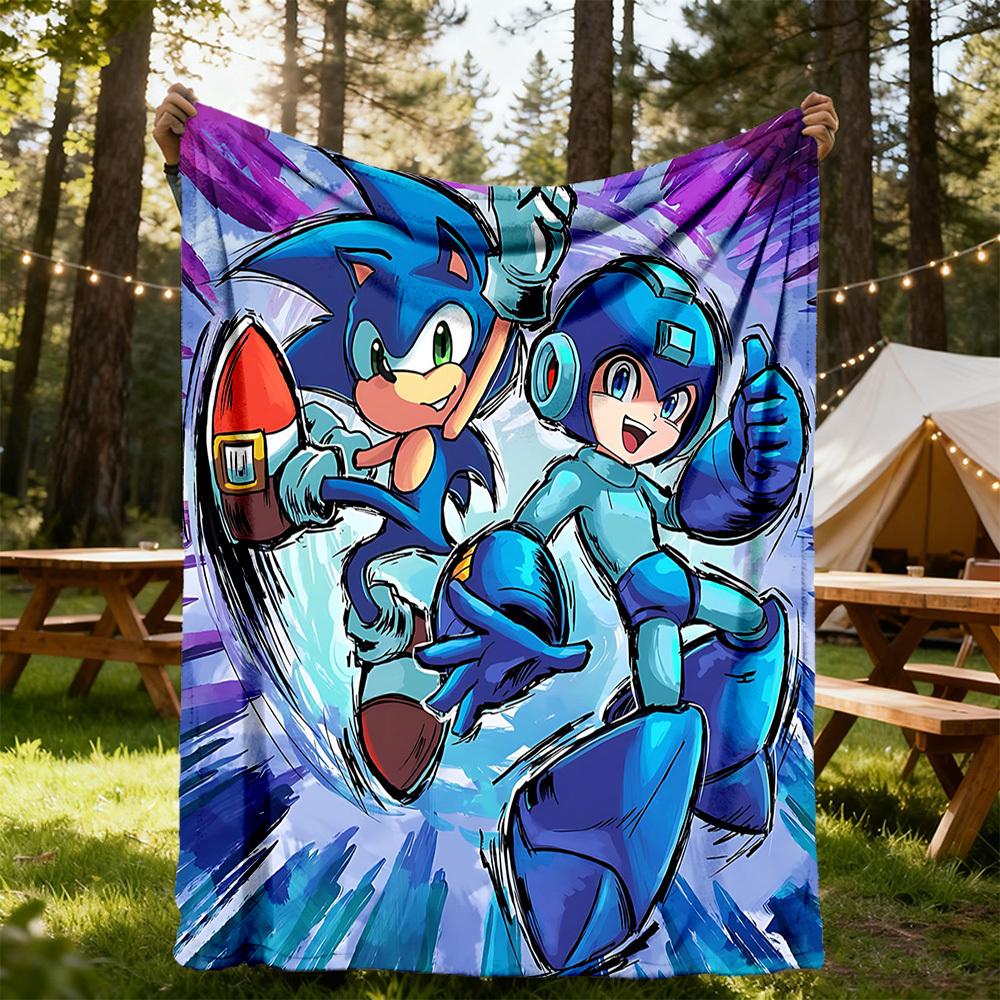 1pc Sonic Mega Man All-Season Comfort, Outdoor Flannel Blanket - Soft, Warm & Cozy for Naps, Camping & Travel 046