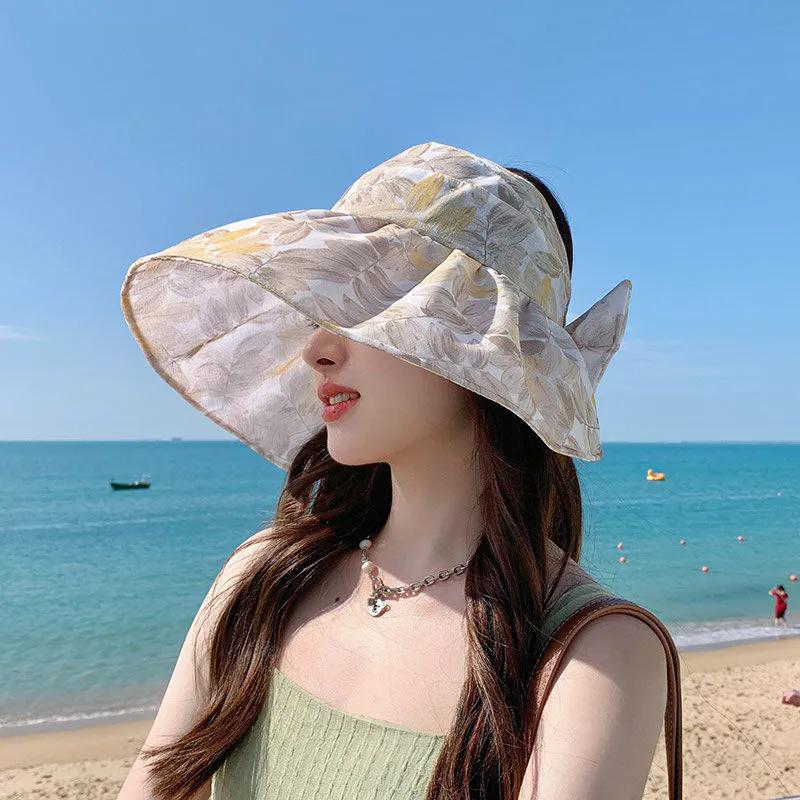 WTEMPO Summer Outdoor Sun Hats Women's Face-covering Open-top Hats with Large Brim Versatile Fashion Casual Printed Sunscreen Hats
